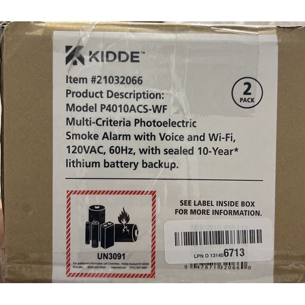 2 Pack Kidde Smoke Alarm with Smart Features Model P4010ACS-WF Backup Battery