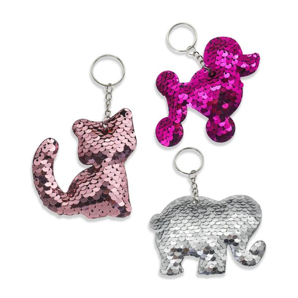 LuckyOpt Sequin Keychain, 3Pc Reversible Double-Side Glitter Keychains Charms, Cute Animal Shaped Keyrings for Party Favors, Easter Bag Filler, Backpack Christmas Accessories (A)