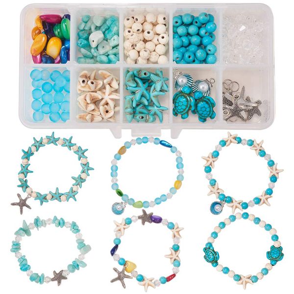 SUNNYCLUE 1 Box DIY 6 Sets Boho Shell Beads Beach Charm Ankle Bracelet Making Kit Adjustable Foot Chain Jewellery with Starfish Sea Shell Charms Turquoise Stone