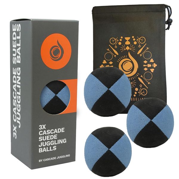 3 x Pro 110g Cascade Suede Juggling Balls - Quality Thud Juggling Balls & Bag - Set of 3 Beginner Juggling Balls (Blue/ Black)