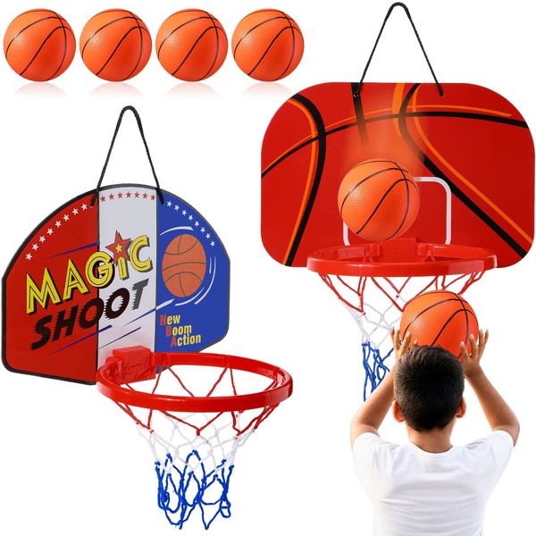 Sosation 2 Pcs Mini Basketball Hoop with 4 Basketball, Sticky Hook, Pump, Indoor No Drilling Basketball Hoop Decompress Game for Bedroom Back to School Kid Adult Gift (Shoot, Basketball Pattern Style)