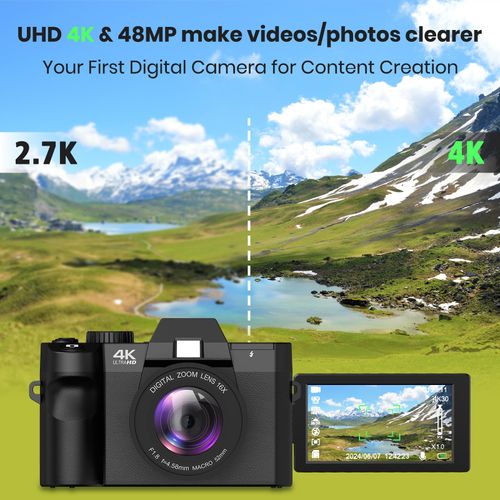 4K Digital Camera for Photography and Video Auto Focus 48MP Vlogging Travel Compact Camera,180°Flip Screen 16X Zoom with 32GB SD Card & 2 Batteries Macro Lens Black