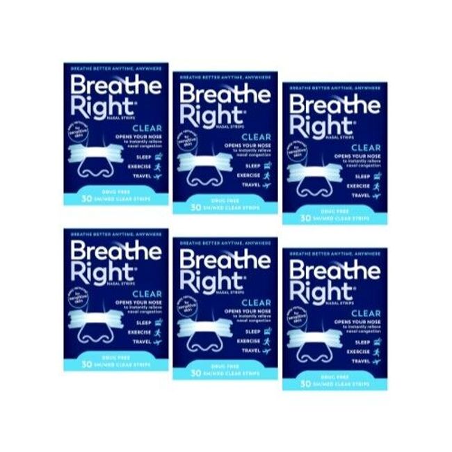 6 Pack - Breathe Right Nasal Strips, Small/Medium, Clear, 30 Each