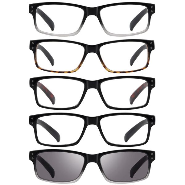 GUD Reading Glasses 5-Pack Readers Spring Hinge Reading Eyeglasses for Men Women +2.00