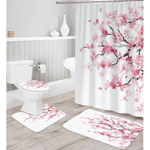Kikiry Pink Cherry Blossom Shower Curtain Set Sakura Floral Flowers Tree Japanese White Kawaii Waterproof 4 Pcs Decor Bathroom Mat Toilet Lid Cover U Shaped Non-Slip Rug Fabric 60x72 Inch