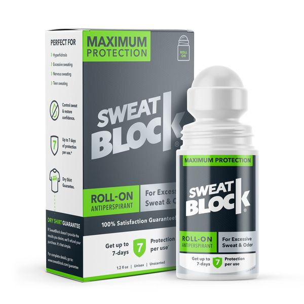 SweatBlock Clinical Strength Antiperspirant Roll-On Protection for Men & Women - Hyperhidrosis Aid to Stop Excessive Sweating - Up to 7 Days of Reliable Sweat Control per Use - Unscented - 1.2 fl oz