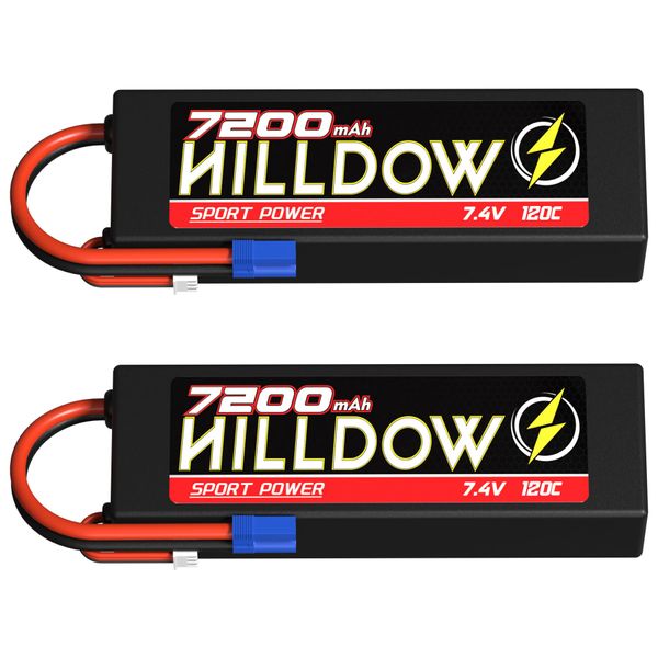 Hilldow 7.4V Lipo Battery 2S 120C 7200mAh Lipos Hard Case Rechargeable Batteries with EC5 Plug for RC Car Truck RC Vehicles Truggy Buggy Tank Airplane Helicopter Racing Models