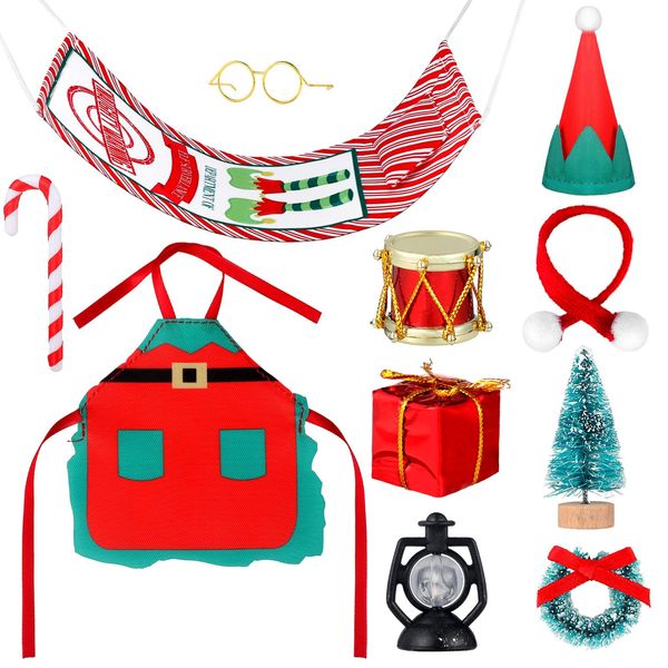 Zhanmai 10 Pcs Christmas Elf Doll Accessories Set Elf Doll Camping Travel Accessories Include Sleeping Bag Cloak Cane Glasses Garland Lantern Drum Xmas Gift Box Christmas Tree (Cute Style)