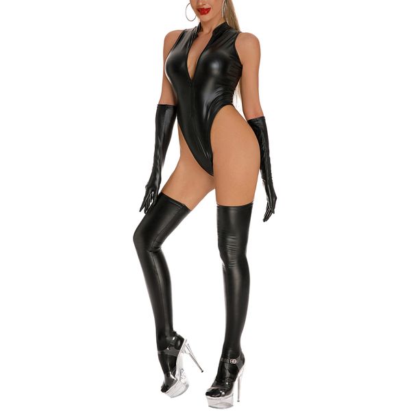 FEOYA Women Bodysuit One Piece Leotard Glossy Patent Leather Leotard Bodycon Wet Look Sexy Lingerie Set Leotard Deep V Neck Catsuit Clubwear High Cut Thongs Babydoll - Black 1,S