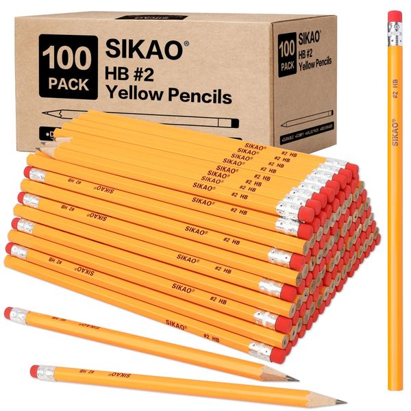 Sikao 100 Pack Pencils #2 Wood Pencils Bulk for Classroom, Wooden Pencils, Number 2 Pencils, No 2 Pencils with Erasers, Yellow HB Pencil for Kids Sketching Drawing School Teacher Supplies