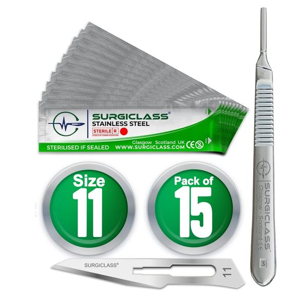 Surgical Scalpel Surgical Blades # 11 Stainless Steel Sterile and Handle No 3 Perfect for Wood Art, Surgical, Sculpting, Repairs, Lab Anatomy, Sign, Card Making Lab Trai SURGIGR11 (Pack of 10)