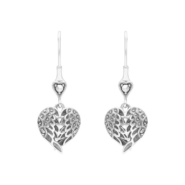 Esse Marcasite Sterling Silver Heart and Wings Fishhook Drop Earrings