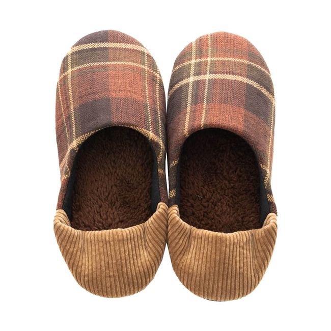 OKA Tweed Check Slippers, Made in Japan, Size M, Brown, Foot Size: Approx. 8.7 - 9.4 inches (22 - 24 cm), Made in Japan, Washable, Warm