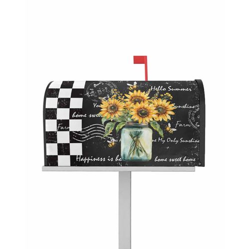 QueenKer Summer Sunflowers Mailbox Covers Magnetic Oversize 21" x 25.5" Black and White Plaids Replaceable Post Wraps Letter Box Cover Welcoming Outdoor Decoration for Yard Patio Garden