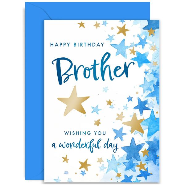 Male Birthday Cards - Special Happy Birthday Card for Brother - Blue and Gold Foil Birthday Gift for Brother - Contemporary Traditional Birthday Greeting Card for Him - Family | Blank Inside