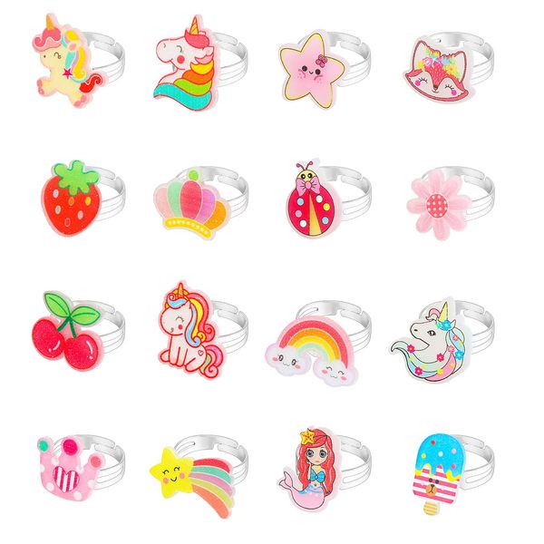 Hifot 16pcs Jewelry Rings for Little Girls, Adjustable Rings Cute Unicorn Fox Mermaid Rings for Kids Pretend Play and Dress Up Rings