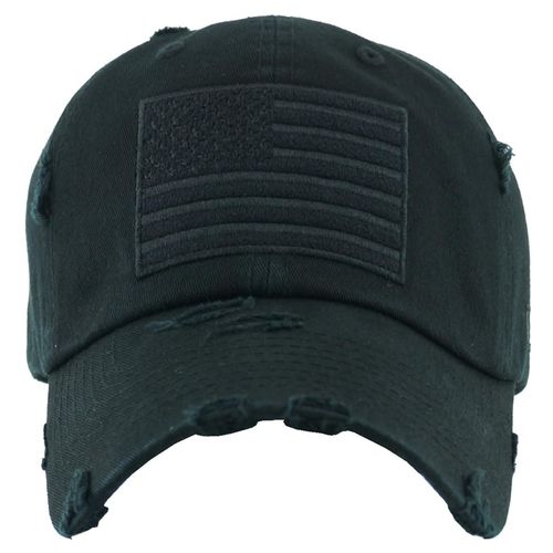Funky Junque Women's Vintage Distressed Baseball Cap, Happy Camper Hat, Beach Baseball Cap for Women, Mom Life Hat - American Flag - Black