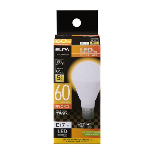 ELPA LED Bulb Mini Krypton E17 LED Bulb Color Equivalent, Indoor Use, LDA7L-G-E17-G4106