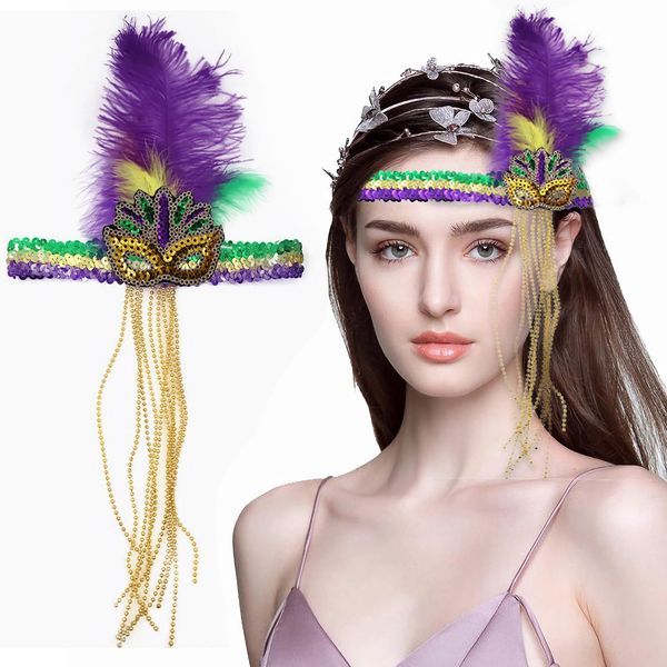 Ceoyiler Mardi Gras Feather Headband Mardi Gras Headband for Women Mardi Gras Masquerade Headdresses for Women (Beads)