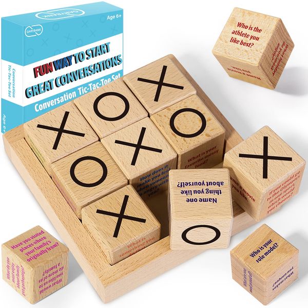 Garybank Conversation Cubes W/Tic Tac Toe Game,Great Conversation Starter-Building Relationship,Wooden Block for Family Game Night,School Counselor Supplies,Therapy Icebreaker Game for Kid Teen Adult