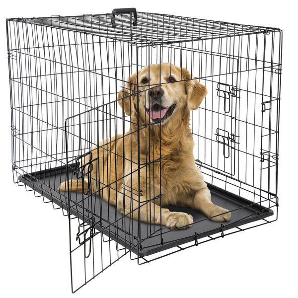 36" Dog Crate Kennel Folding Metal Pet Cage 2 Door With Tray Pan Black Pet Cages