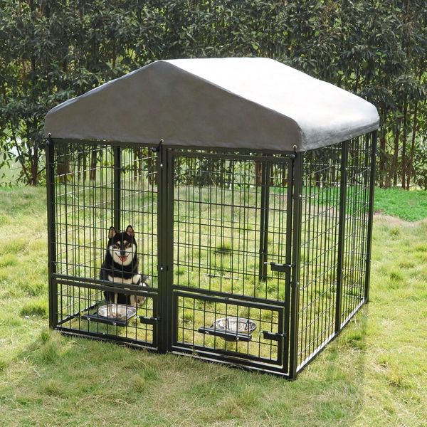 Outdoor Dog Cage Metal Pet Playpen Fence Kennel w/Waterproof Cover Feeding Doors