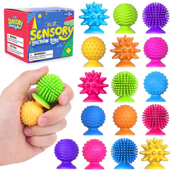 Sensory Fidget Toys Kids Adults: 16 Pack Textured Suction Toys for Autism Kids Calming - Quiet Anxiety Fidgets for Classroom - Bulk Fidgets Students Prize - Gifts Christmas Stocking Stuffers for Kids