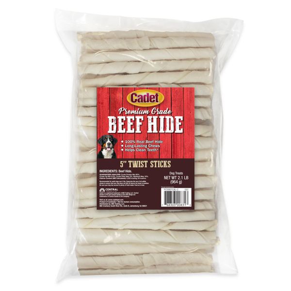 Cadet Premium Grade Beef Hide for Dogs, Long Lasting Rawhide Twist Chew Sticks, Natural Dog Chews, 5 Inch Dog Bones (34 Count)