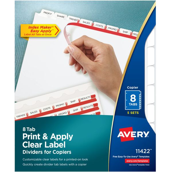 Avery 8 Tab Dividers for 3 Ring Binder, Easy Print & Apply Clear Label Strip for Copiers, Index Maker Customizable White Tabs, 5 Sets (11422)