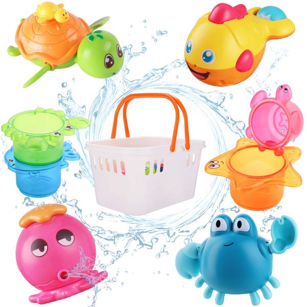 iPlay, iLearn Baby Bath Toys w/ Organizer, Water Squirting Octopus, Wind Up Swimming Turtle, Bathtub & Shower, Stacking Cups, Gift for 6, 9, 12, 18 Months 1, 2, 3 Years, Toddlers, Girls, Boys & Kids