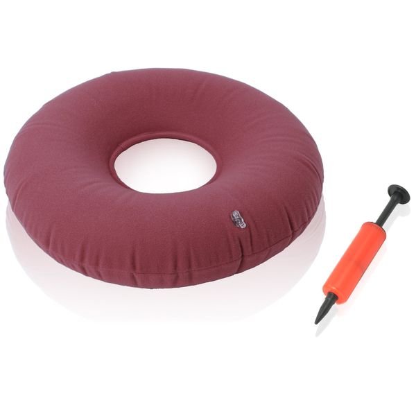 Dr. Frederick’s Original Donut Pillow - 15" Inflatable Donut Cushion for Tailbone Pain Relief - Seat Cushion for Hemorrhoids, Bed Sores, Prostatitis - Vinyl & Flannel - Red