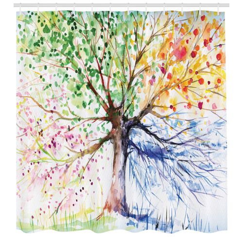 Ambesonne Tree Shower Curtain Set with Hooks Watercolor Style Branches Colorful Blooming Nature for 4 Seasons Theme Washable Cloth Polyester Fabric Home Dorm & Bathroom Decor 69" W x 70" L Berry Green