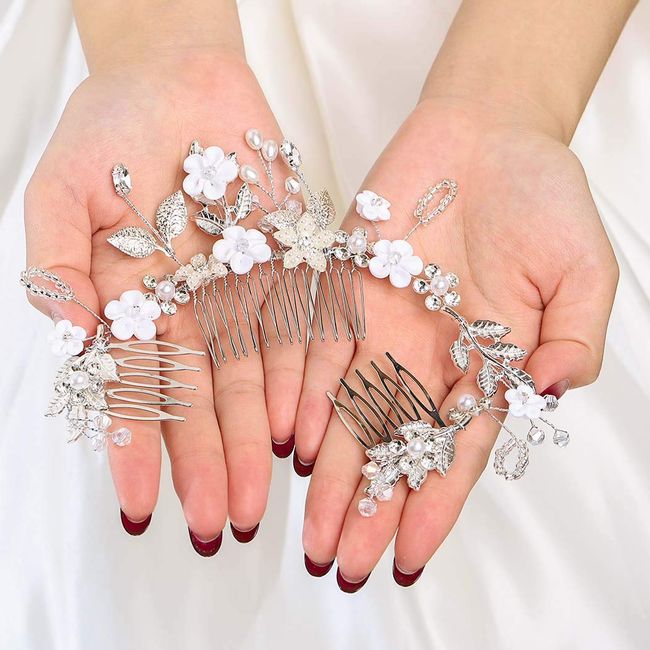 Flayem Hochzeit Braut Kamm Kristall Docht Braut Helm Blume Haarschmuck für Frauen und Mädchen (3 Stück)