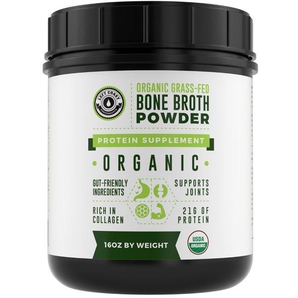 Organic Grass Fed Beef Bone Broth Protein Powder. 16oz, 20 Servings. Unflavored, Keto Friendly Protein Powder. Paleo, USDA Certified Organic by Left Coast Performance