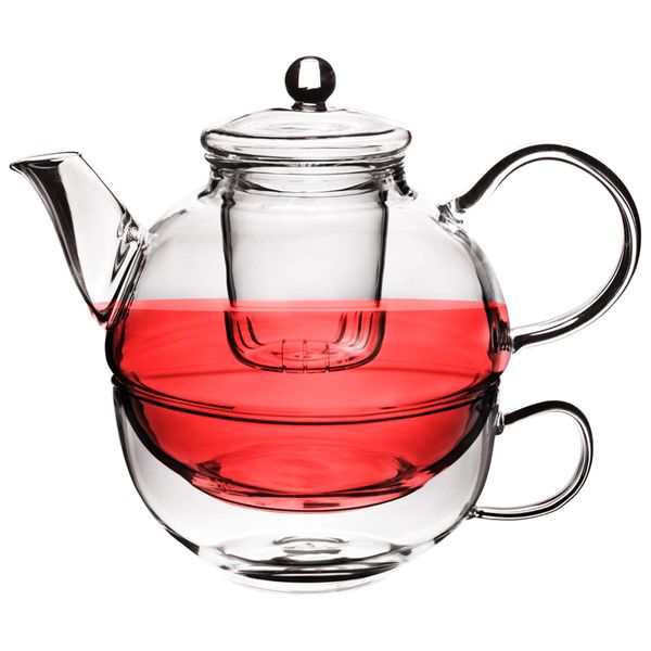 550ml Traditional Clear Glass Teapot and Cup Set with Infuser for Loose Leaf Tea - With Built In Strainer for Herbal and Green Tea - By Argon Tableware