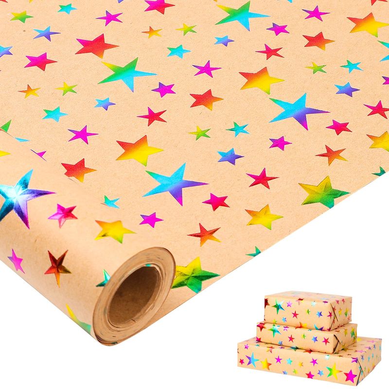 HBell Kraft Wrapping Paper Roll,10m Colorful Stars Wrapping Paper ...