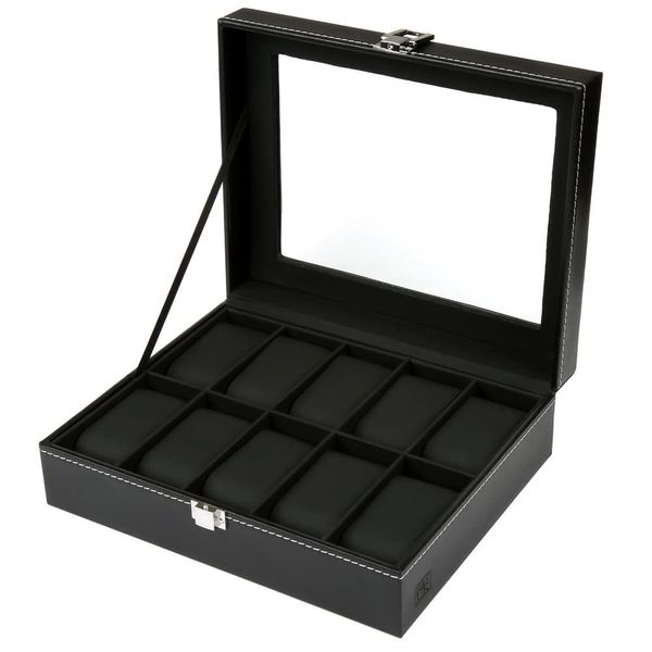 H&S. Uhrenbox für Damen & Herren - Uhrenhalter mit Glasdeckel & Samtauskleidung - Uhrenkasten in Schwarz aus Kunstleder - Uhrenaufbewahrung mit Platz für bis zu 10 Uhren - Uhrengehäuse - Watch Box