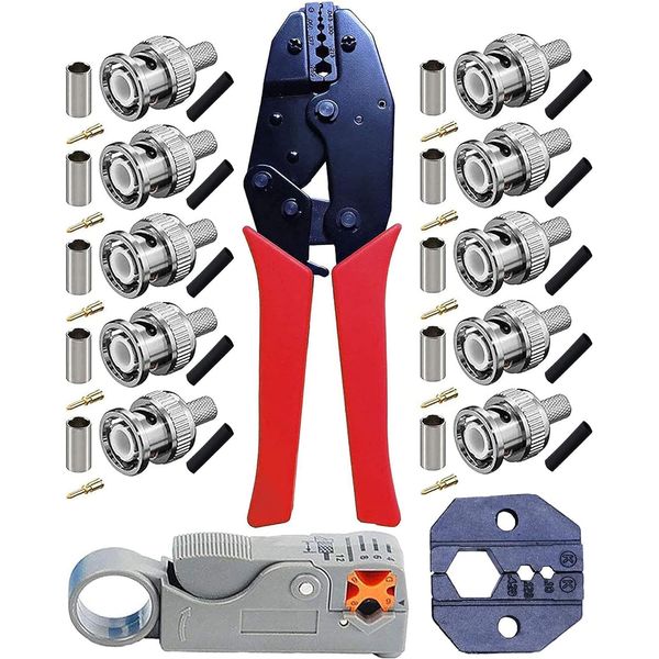 Kagni BNC Crimp Tool Set,BNC/TNC Ratched Crimp plie & Rotary Coaxial Cable Stripper with 10pcs BNC Male Crimp connectors for RG59,Red