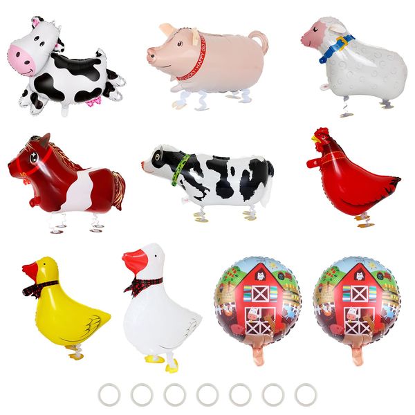 10 PCS Farm Animals Balloons, KUAOOAUK Foil Walking Animal Balloons with 7 PC Towing Ropes, Inflatable Farm Birthday Decorations for Theme Baby Shower Party Supplies (Horse Duck Pig Rooster Cow Sheep)