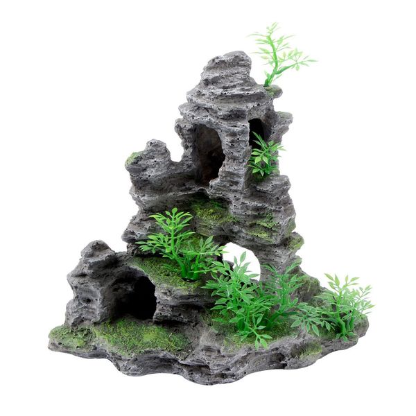 Saim Aquarium Mountain View Stone Ornament, Artificial Mountain Hill View Stone Rock Cave Aquarium Decorations Fish Tank Decor for Betta Cichlids Hideaway Cave, Hermit Crab Hideout - Large