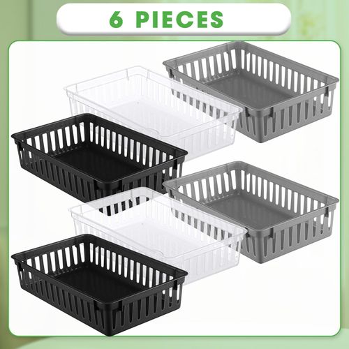 Wenqik 6 Pack Plastic Basket 10.24 x 6.5 x 2.36 Inch Small Storage Bins Rectangle Plastic Organizer Tray Classroom Containers for Organizing Shelves Desks Snack Cosmetics Crafts (Black, Clear, Gray)