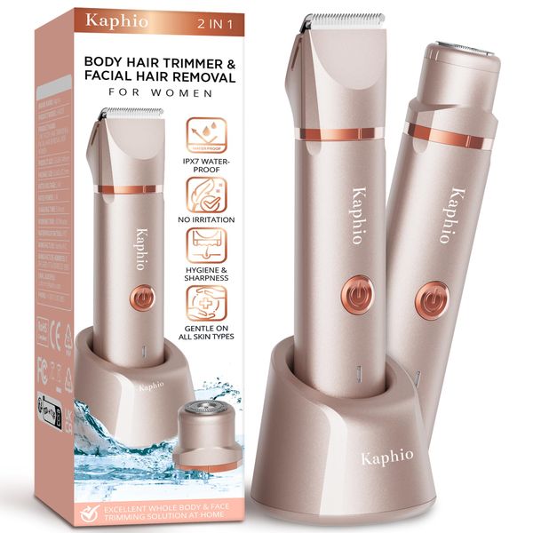 Kaphio Electric Bikini Trimer Shaver Women: 2 in 1 IPX7 Waterproof Wet & Dry Use Body Hair Trimmer and Facial Hair Remover - Rechargeable Hair Removal Kit for Bikini Underarm Leg Arm Body Face