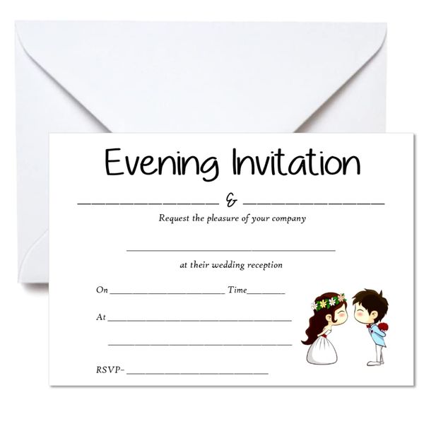 Pack of 10 Cute Character Postcard Style Wedding Invitations with Envelopes (Evening Invitation)