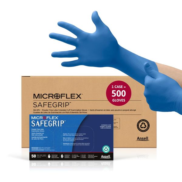 Ansell MICROFLEX SafeGrip SG-375 Extra Thick Disposable Latex Gloves for Life Sciences, Automotive w/Textured Fingertips - Med, Blue (Box of 50)