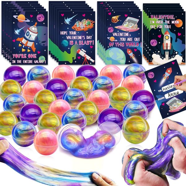 AMENON 24 Pack Valentines Day Galaxy Putty Slime Kit with Valentines Cards Gifts for Kids Boys Girls Colorful Stress Relief Fidget Toys Set for Valentine Classroom Exchange School Prizes Party Favors