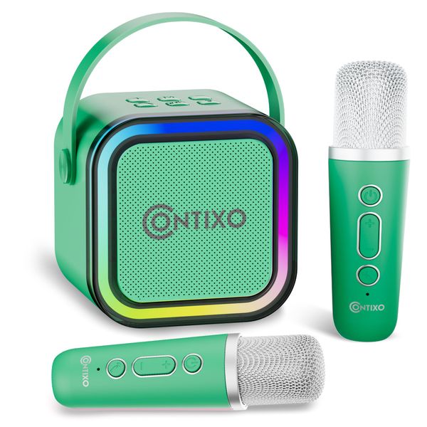 Contixo KS1 Mini Karaoke Machine for Kids, Protable Bluetooth Karaoke Speaker with 2 Wireless Microphones and Dynamic Lights for Boys & Girls Birthday, Home Party, Green