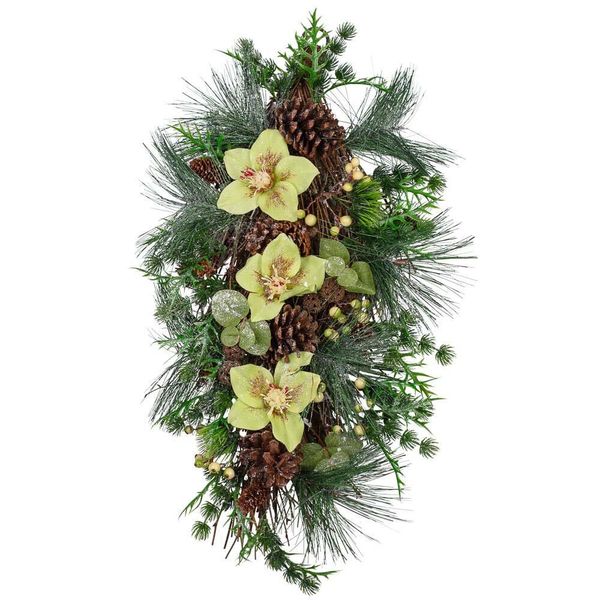 25" Sparkling Artificial Pine and Helleborus Teardrop Swag Decor