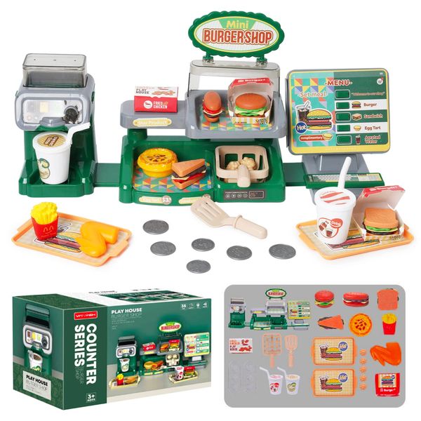 Cash Register Toy 35PCS Kitchen Pretend Play Set Shopping Till with Sounds Beverage Cafe Machine Hamburger Sandwich Fries Egg Tart Food Money Educational Toy Gift for Toddlers Boys Girls Ages 3+