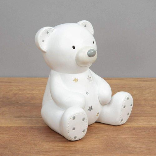 Widdop & Co. Bambino White Resin Money Box (12 x 11 x 9cm) - Teddy Bear with Crystal Stars - Baby Gift for Christening, Baby Shower