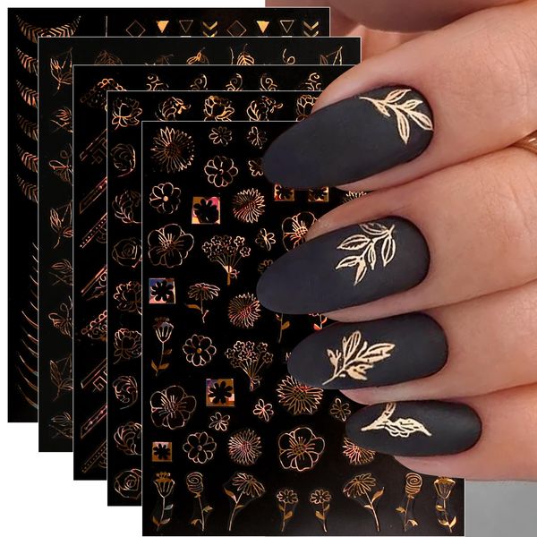 JMEOWIO Nagelsticker Frühling Blume 12 Blatt Nail Art Sticker Selbstklebend Nagelaufkleber Sommer Blumen Gold Dekoration Nageldesign Zubehör